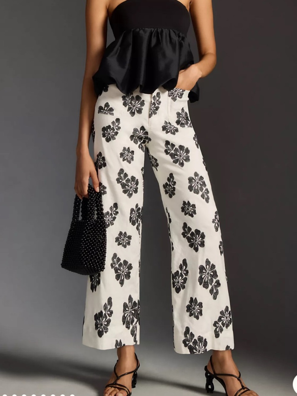 Maeve Black & White The Colette Cropped Floral Wide-Leg Pants